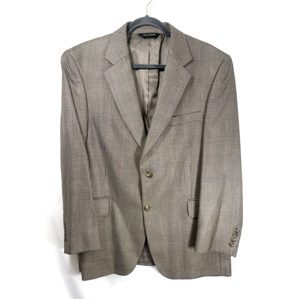 Jos. A. Bank Mens 40S Wool Silk Glen Plaid Blazer Tan Black‎ Sport Coat 2-Button